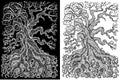 Black and white mystic fantasy tree line art vector illustration Royalty Free Stock Photo